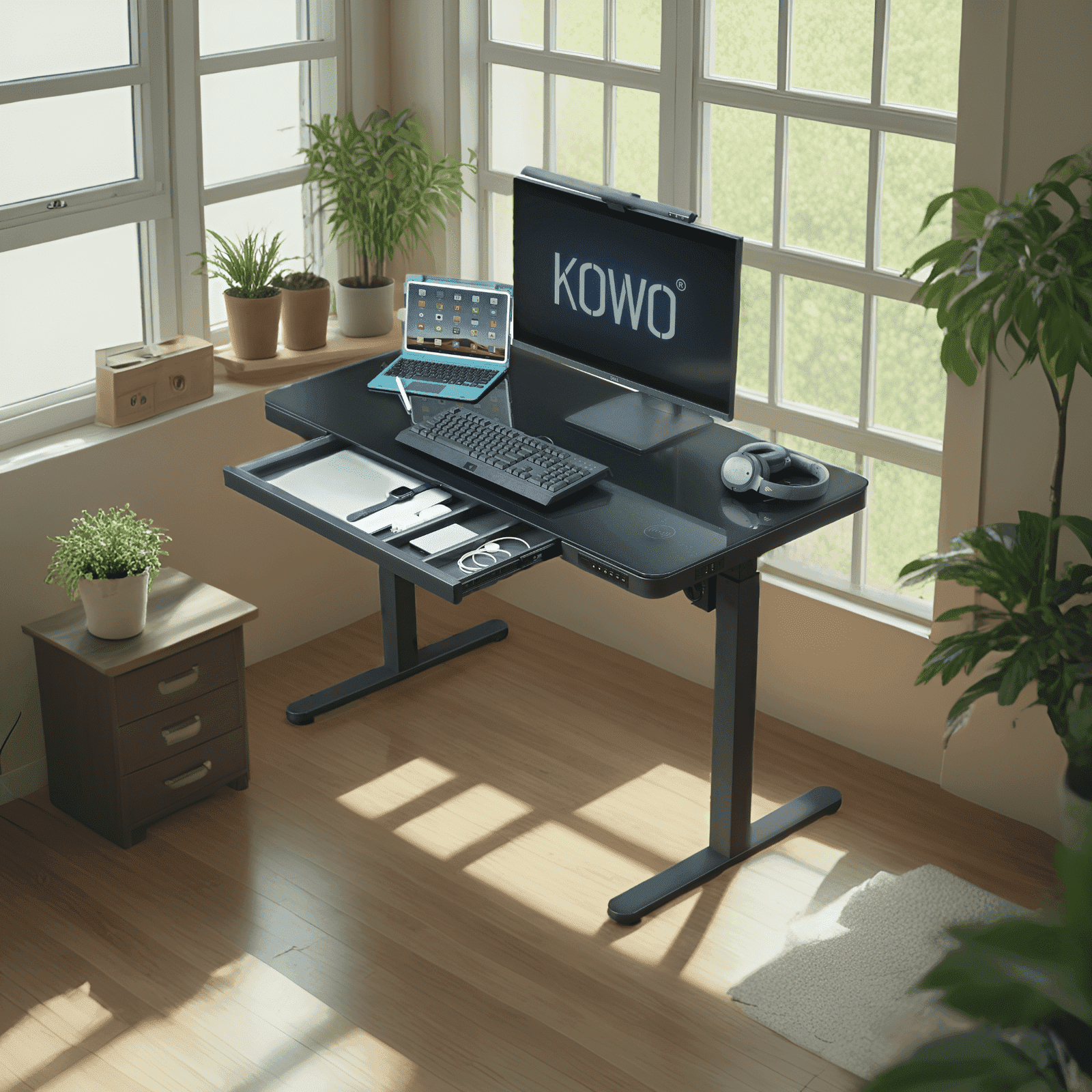 48" Black Glass Electric Height Adjustable Standing Desk with Drawer