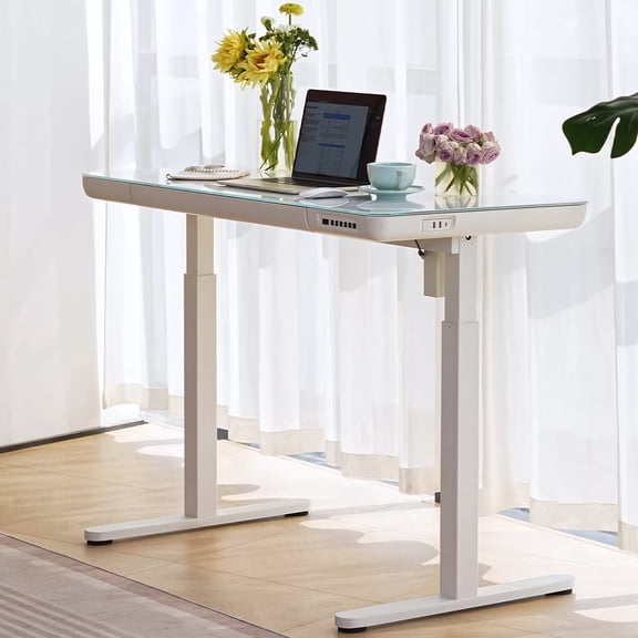 KOWO K302 Adult Tempered Glass Electric Height Adjustable Standing Desk with Drawer, 23.6 in x 47.2 in, White, 1 Pack
