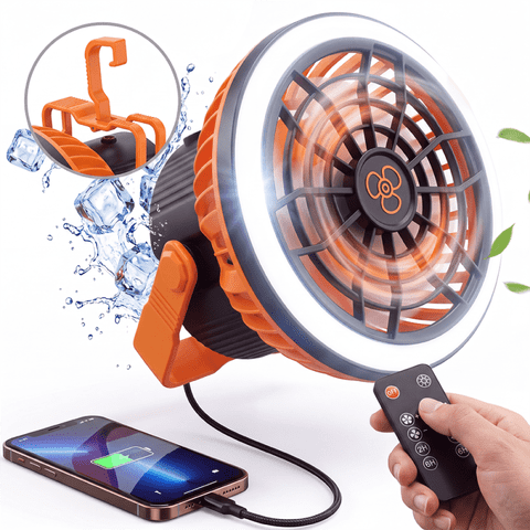 KOYMISKU Camping Fan, Portable Fan 10400mAh Rechargeable Battery Operated Fan with LED Light and Remote, Compact Design for Camping Outdoor Travel Bedroom