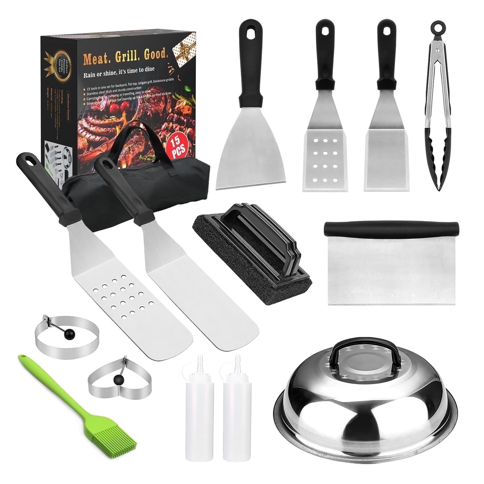 KOYMISKU Grill Accessories, Stainless Steel Grip Barbecue Accessories for Outdoor Camping, 15 Flat Top Griddle Accessories Kit with Spatula, Basting Cover, Scraper,Bottle,Tongs,Egg Rings & Carry Bag