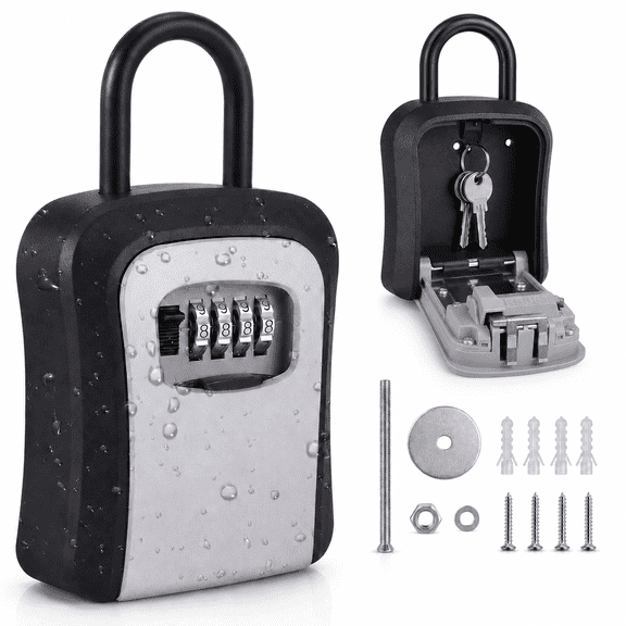 KOYMISKU Key Lock Box, Weatherproof Portable Combination Lockbox for Outside with Resettable 4 Digit Code, Holds 5 Keys, Key Safe Storage for Home, Office, Garage, Apartment