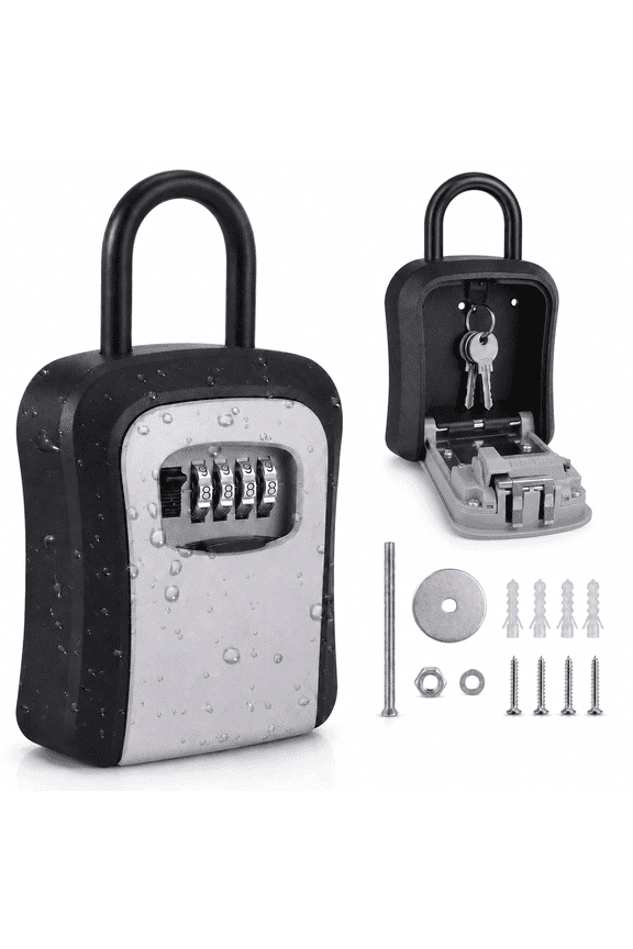 Key Lock Box, Weatherproof Portable Combination Lockbox for Outside with Resettable 4 Digit Code, Holds 5 Keys, Key Safe Storage for Home, Office, Garage, Apartment