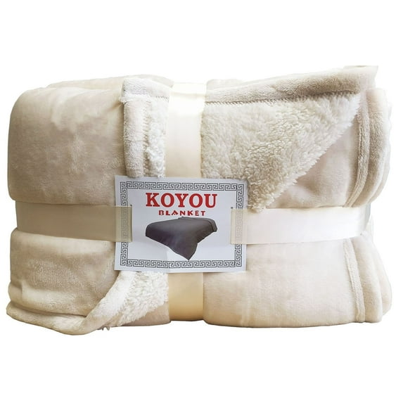 Koyou Beige Microfiber Sherpa Throw, 79” x 95”