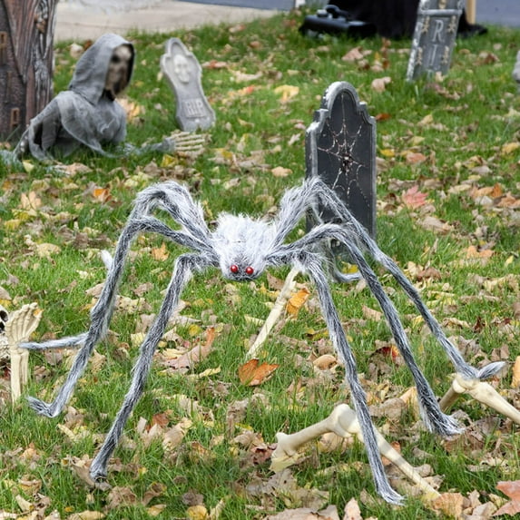 KOYPTL 10 Inches Halloween Realistic Big Spider with Red Eyes Colorful Hairy Scary for Courtyard Lawn Party Props Trick,Halloween Spider Decorations for Indoor,Outdoor
