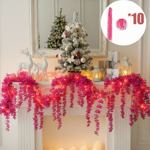 KOYPTL 10 Pack Christmas Artificial Garland Decorations Outdoor,40 Inch Fake Plants Leaves Hanging Ornament Plants Garland for Wedding Fireplace Party Holiday Indoor Home Decor Hot Pink
