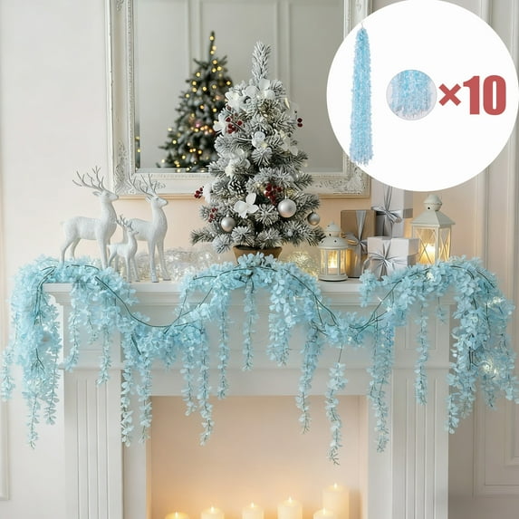 KOYPTL 10 Pack Christmas Artificial Garland Decorations Outdoor,40 Inch Fake Plants Leaves Hanging Ornament Plants Garland for Wedding Fireplace Party Holiday Indoor Home Decor Sky Blue