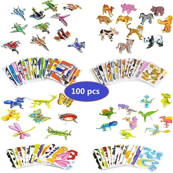 KOYPTL 100pcs 3D Cartoon Puzzle for Toddlers 3 4 5 6 7 Years Old, Simulation Insects Dinosaurs Animals Vehicles Themed Cardboards for Boys Girls Gift for Holiday Party Class Supplies Educational Toys