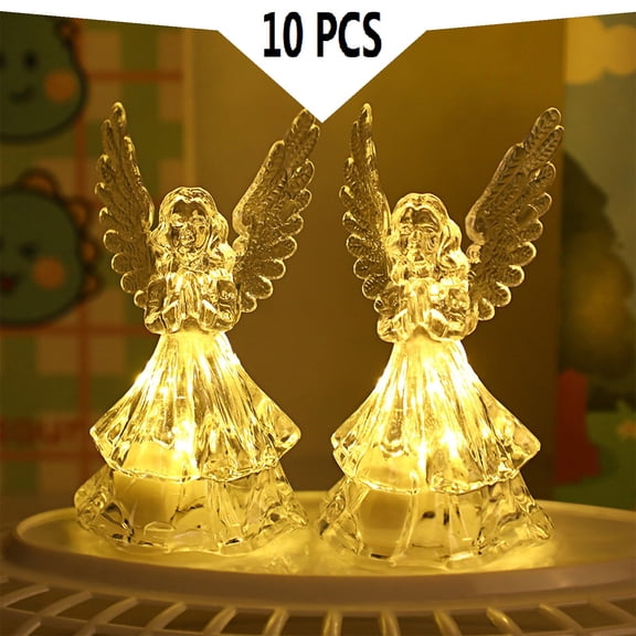 KOYPTL 10pcs Acrylic Angel with Guardian Sparkling Light,Yellow Led Lighted Little Angel Figurine,Angel Statue Prayer Bedside Mini Night Light Desktop Decor Winter Christmas Stocking Stuffers Gift