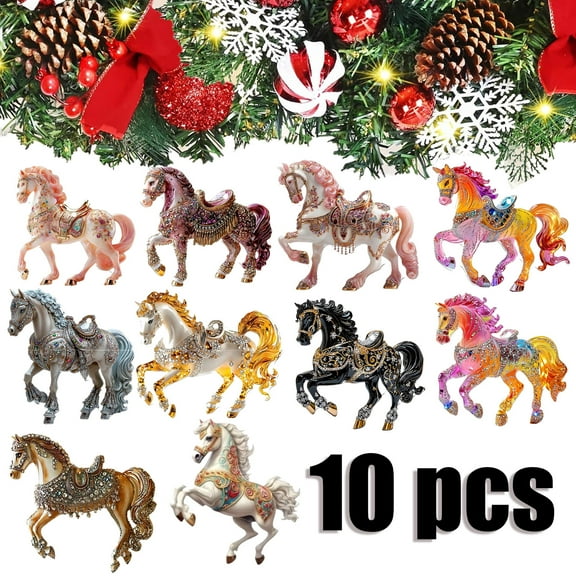 KOYPTL 10pcs-Christmas Glittering Printed Horse Hanging Ornaments for Xmas Wedding Birthday Party Decor,Acrylic Christmas Tree Decorations Fireplace Window Festive Accessory Xmas Stocking Stuffers