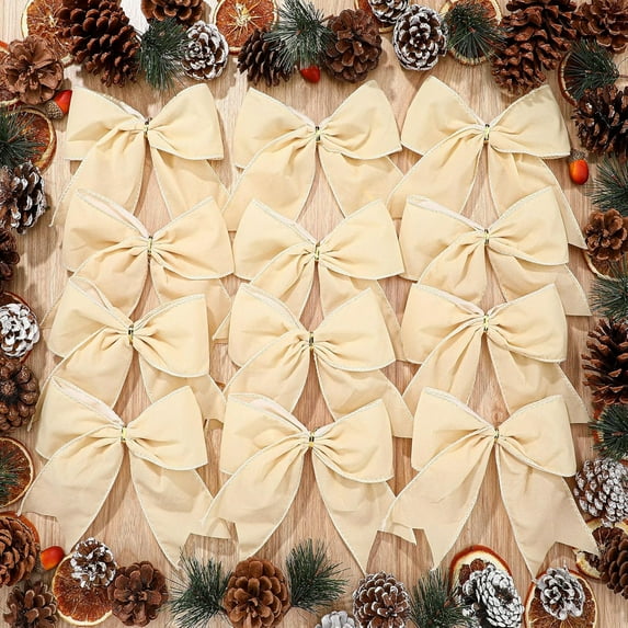 KOYPTL 12 Pcs Christmas Velvet Bows 6 Inch Vintage Ribbon Christmas Tree Bows Hanging Ornaments for Xmas Tree Rustic Wreath Gift Bows for Farmhouse Garland Craft Wrapping Home Decor White