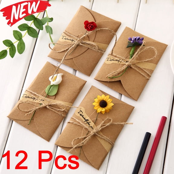 KOYPTL 12 Pcs Vintage Thank You Card with Envelopes Brown Retro Kraft Holiday Gift Card Note Card Dried Flowers Greeting Cards for All Occasion Birthday Party St.Patrick's Day Valentines Day Supplies