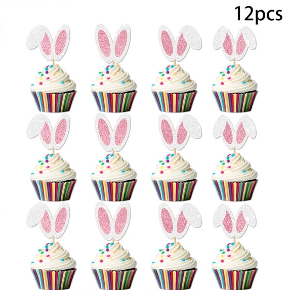 KOYPTL 12Pack Easter Bunny Ear Cupcake Toppers,Glitter Pink Rabbit Ears ...