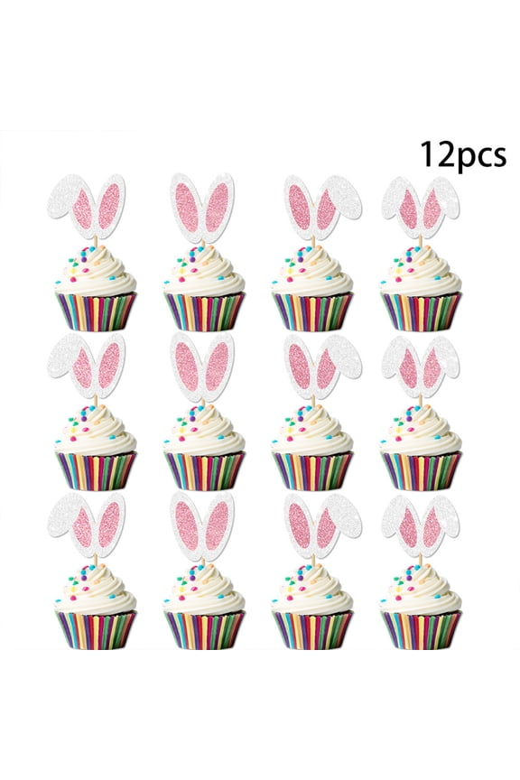 12Pack Easter Bunny Ear Cupcake Toppers,Glitter Pink Rabbit Ears Cupcake Picks Rabbit Cake Baked Goods Toppers for Spring Easter Birthday Baby Shower Party Decorations Supplies