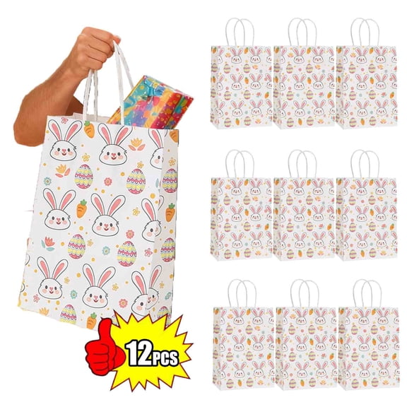 KOYPTL 12Pcs Easter Gift Bags Bunny Paper Treat Bags with Handles,Colorfull Easter Party Favor Gift Bags,Spring Egg Chick Candy Pouches for Holiday Party Gift Wrapping Easters Egg Hunt Party Supplies