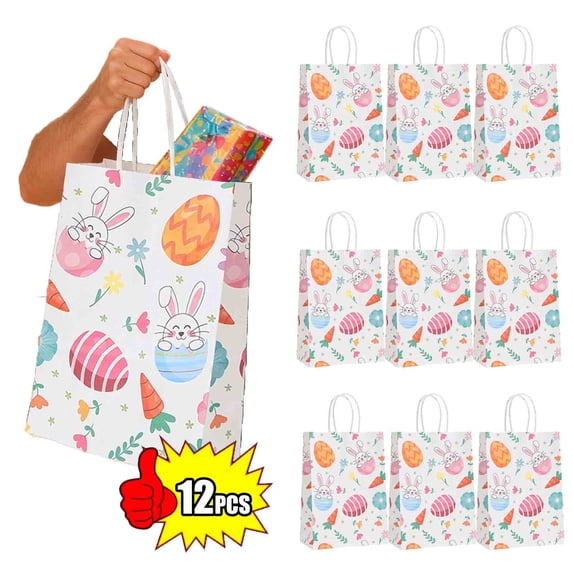 KOYPTL 12Pcs Easter Gift Bags Bunny Paper Treat Bags with Handles,Colorfull Easter Party Favor Gift Bags,Spring Egg Chick Candy Pouches for Holiday Party Gift Wrapping Easters Egg Party Supplies