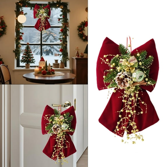 KOYPTL 12in-Red Checkered Bows Christmas Tree Ornaments,Bow Tie Pendant for Xmas Backdrop Wedding Birthday Party Room Wall Garland Wreath Decoration,Fireplace Window Thanksgiving Festive Accessory