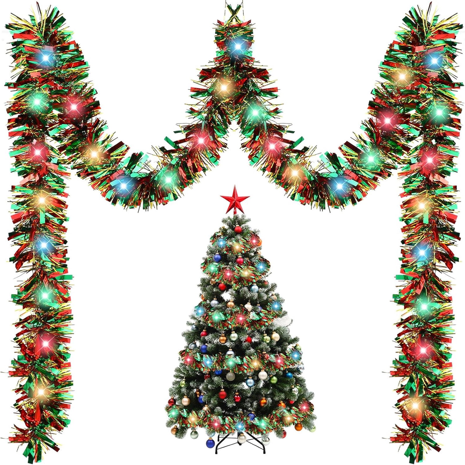KOYPTL 16.4ft Christmas Green Red Tinsel Garlands with Lights for Home