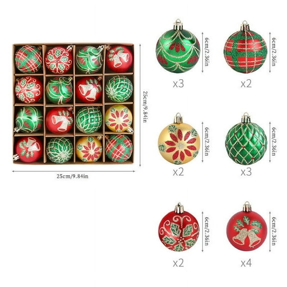 KOYPTL 16PCS 2.36In Christmas Ball Ornaments Set for Tree,Shatterproof 6-styles Glittering Hanging Pendants for Christmas Tree Porch Yard Holiday Decorations for Xmas Birthday Home Party Supplies