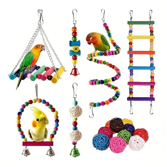 KOYPTL 16Pcs Swing Hanging Standing Chewing Toy Hammock Climbing Ladder Blocks Bells Set,Cage Decorative Colorful Toys Suitable for Budgerigar,Parakeet,Conure Bird Chicken Boring Playing Soothing Toy