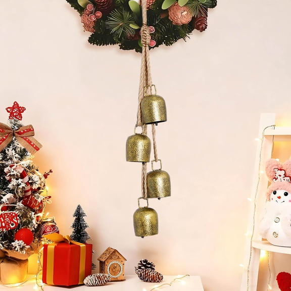 KOYPTL 18 Inch Christmas Bells Decorations,Vintage Metal Cow Bells with 4 Bells,Handmade Wind Chime with Soothing Sound Christmas Hanging Ornament for Holiday Pary Indoor Outdoor Wall Home Decor