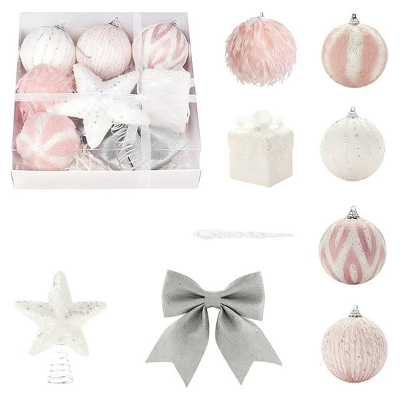 KOYPTL 18 Pcs Christmas Tree Ornaments Set Fashion Advanced Sense of Frosted Sequins Pentagram Bow Christmas Ball Assorted Plastic Shatterproof Xmas Hanging Decorations for Xmas Tree Home Decor Pink