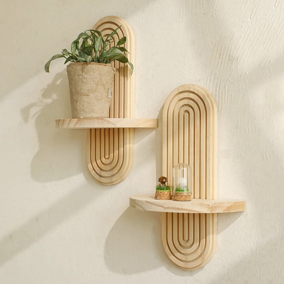 KOYPTL 1pc/2pc Boho Shelf Wall Decor - Handmade Solid Wood Floating Shelves Rainbow Arch Trinket Storage Rack Wall Decor 1-Tier/2-Tier Floating Shelves for Bedroom Living Room Nursery Bathroom