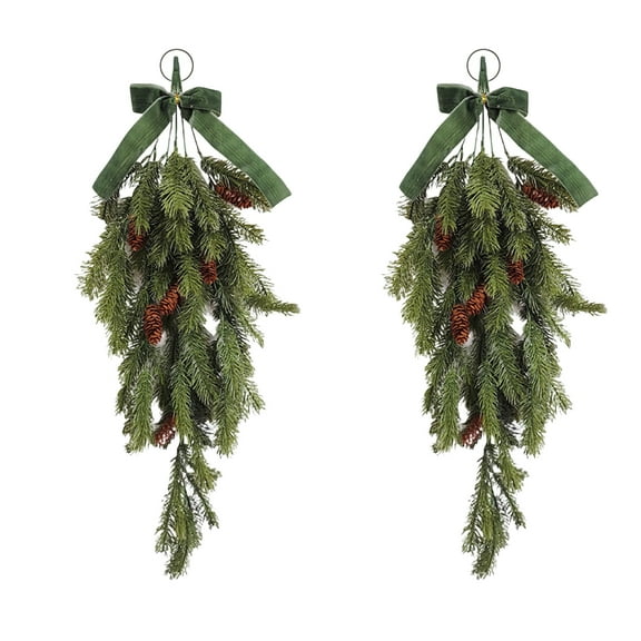 KOYPTL 2 Pack Artificial Christmas Teardrop Swags with Velvet Bow 28 Inch Rustic Pine Greenery with Pine Cones Hanging Teardrop Swag for Front Door Mantle Wall Indoor Outdoor Home Decor