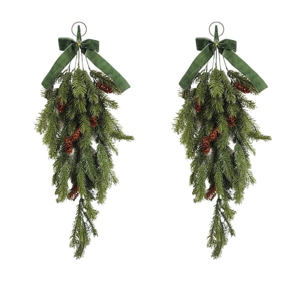 KOYPTL 2 Pack Artificial Christmas Teardrop Swags with Velvet Bow 28 Inch Rustic Pine Greenery with Pine Cones Hanging Teardrop Swag for Front Door Mantle Wall Indoor Outdoor Home Decor