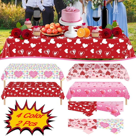 KOYPTL 2 Pack Valentine's Day Plastic Tablecloth-Red with White Heart Design Disposable Romantic Love Themed Rectangle Table Cloth for Dining Room Table Cover Indoor Outdoor Decorations