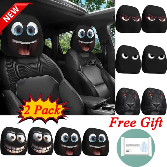 KOYPTL 2 Pcs Car Headrest Covers Funny Cartoon Elastic Breathable Head Rest Covers Universal Fit Head Rest Protectors for Vehicles Washable Mesh Fabric Car Interior Decorations for Cars Road Trips