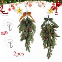 KOYPTL 2 Pcs Christmas Artificial Hanging Plants Decorations Outdoor 27 Inch Pine Branches with Cones and Bow Greenery Fake Garland for Front Door Window Indoor Xmas Home Decor