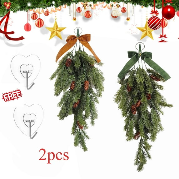 KOYPTL 2 Pcs Christmas Artificial Hanging Plants Decorations Outdoor 27 Inch Pine Branches with Cones and Bow Greenery Fake Garland for Front Door Window Indoor Xmas Home Decor