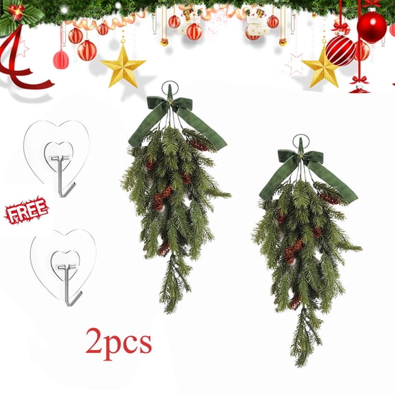KOYPTL 2 Pcs Christmas Artificial Hanging Plants Decorations Outdoor 27 Inch Pine Branches with Cones and Bow Greenery Fake Garland for Front Door Window Indoor Xmas Home Decor Green