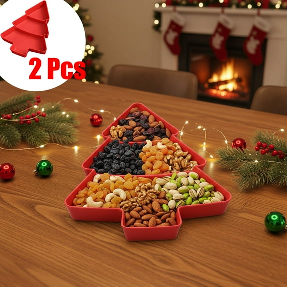 KOYPTL 2 Pcs Christmas Tree Shape Snack Platter with 3 Compartments Divided Serving Trays Plastic Food Storage Containers for Christmas Holiday Party Supplies Candy Dish Fruit Nuts Desserts Container