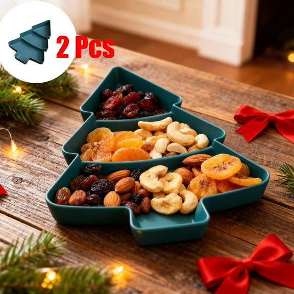 KOYPTL 2 Pcs Christmas Tree Shape Snack Platter with 3 Compartments Divided Serving Trays Plastic Food Storage Containers for Christmas Holiday Party Supplies Candy Dish Fruit Nuts Desserts Container