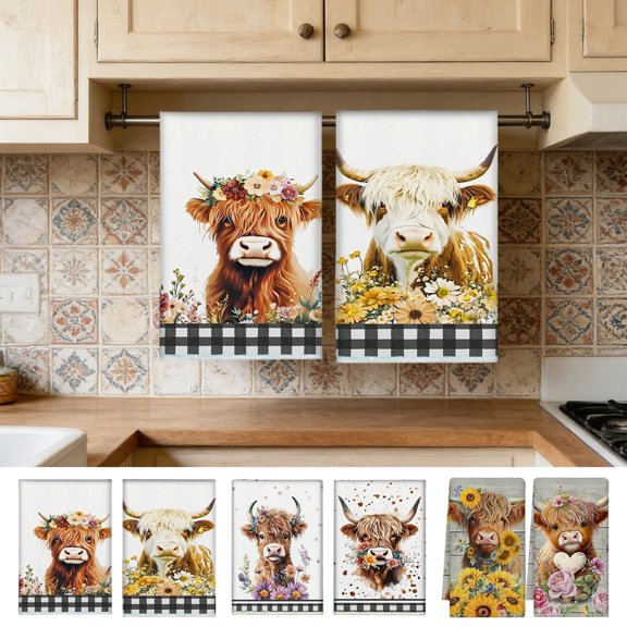 KOYPTL 2 Pcs Cute Highland Cow Kitchen Towels 24x14 Inch Vintage Sunflower Butterfly Waffle Hand Towels for Kitchen Home Farmhouse Decor Highland Cow Themed Dish Cloth Tea Towel Housewarming Gift