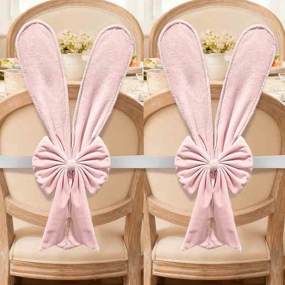 KOYPTL 2 Pcs Easter Bunny Chair Covers Set Cute Pink Rabbit Ears Chair Back Covers Removable Slipcovers with Bow for Home Easter Spring Dinning Table Birthday Restaurant Party Holiday Decor 7.8x3.9In