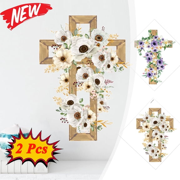 KOYPTL 2 Pcs Easter Cross Stickers for Window Home Decor Watercolor Floral Cross Decal Refrigerator Stickers Spring Stickers Wall Easy Clings and Removal Easter Decorations Gifts for Religion Lover