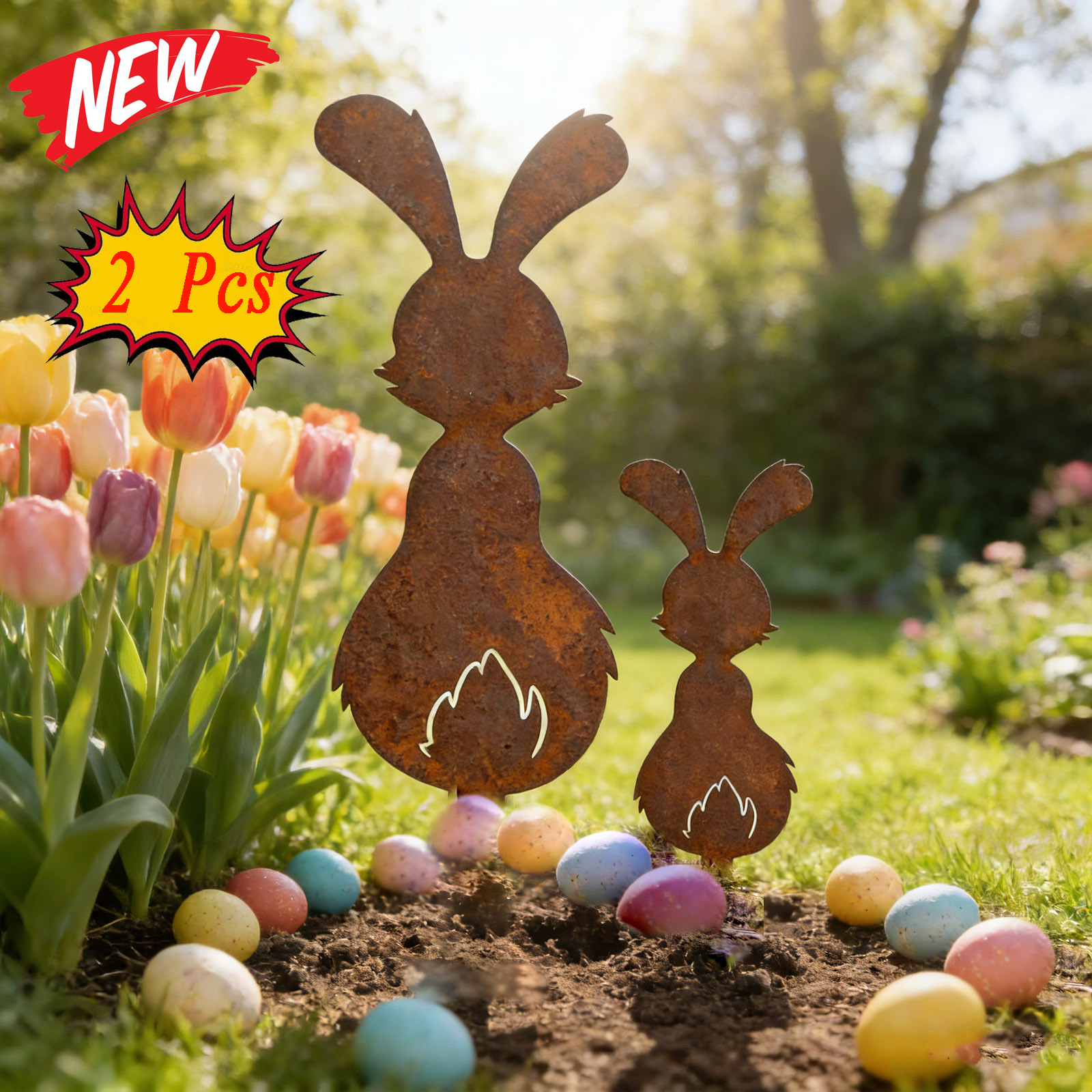 KOYPTL 2 Pcs Easter Metal Rabbit Garden Stake Rusty Bunny Garden Decor ...