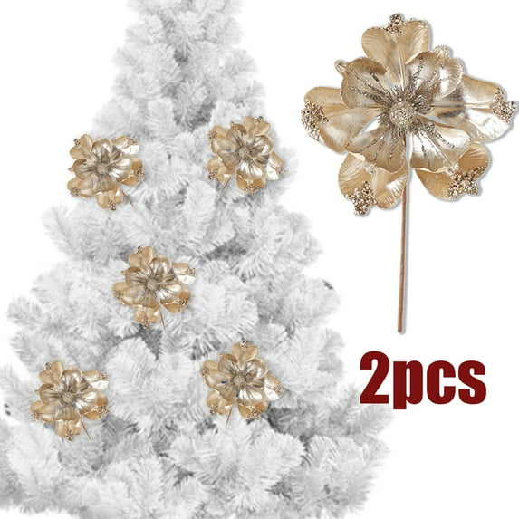 KOYPTL 2 Pcs Poinsettia Artificial Christmas Flower Decorations,Gold Glitter Long Stem Fake Flowers Ornaments Set for Vase Table Centerpiece Home Indoor Christmas Tree Decor,Xmas Table Decoration