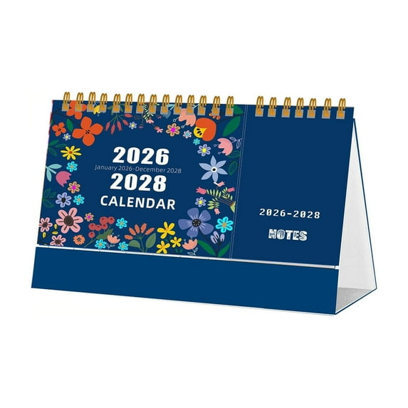 KOYPTL 2026-2028 Simple Flowers Desk Calendar,Three Years Tabletop Coil Calendar Vinatage Blue Monthly Planner Gift for Students Home Office Planning Organisers Christmas Stocking Stuffers Birthday