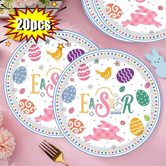 KOYPTL 20pcs Easter Round Rabbits Eggs Paper Plates-7 Inch,Disposable Heavy Duty Cartoon Patterns Tableware for Easter Holiday Decor Home Party Supplies,Serve 20 Guests Boys Girls Toddlers