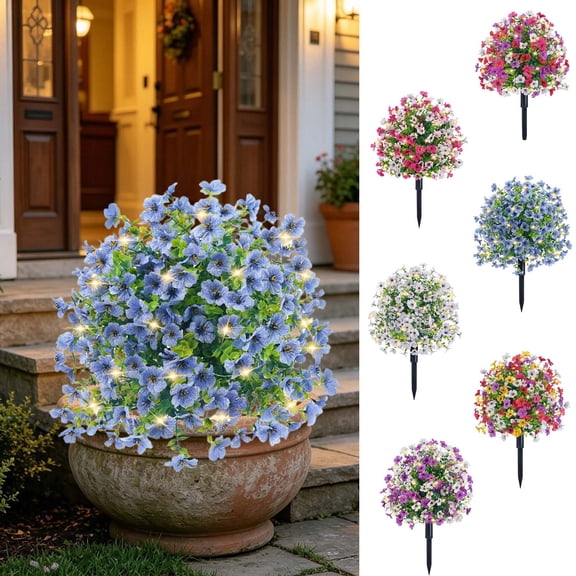 KOYPTL 24 Inch Spring Artificial Mums with String Lights Topiary Ball Trees Faux Flowers Artificial Faux Bushes Shrubs for Outdoor Planter UV Resistant Fake Greenery for Porch Garden Home Decor