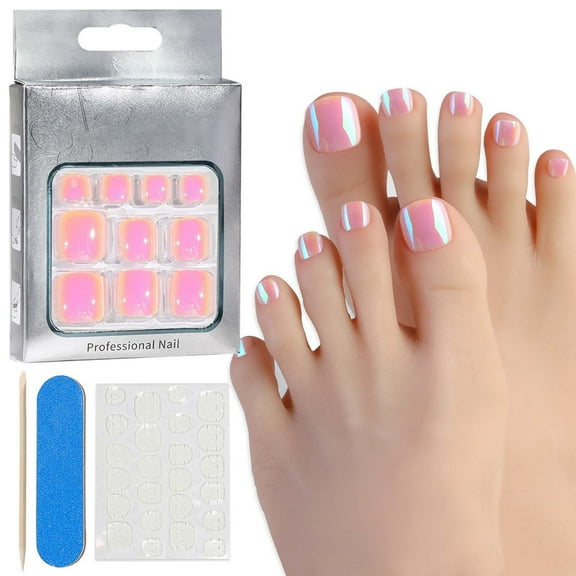 24PCS Chrome Press on Toenails for Women,Cat Eye Fake Toe Stick on Toe Nail with Sticky Tabs,12 Size Acrylic Short Square Toes Nail Kit Full Cover Glossy Shiny Colorful Fashion Foot Nails Gift