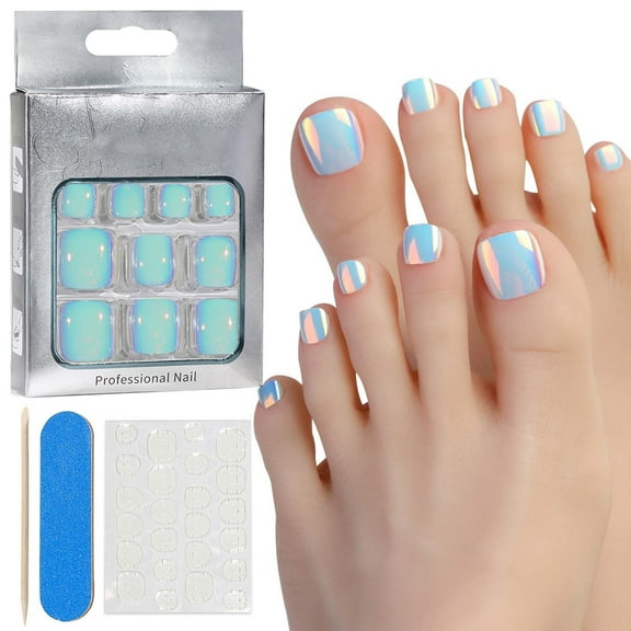 24PCS Chrome Press on Toenails for Women,Cat Eye Fake Toe Stick on Toe Nail with Sticky Tabs,12 Size Acrylic Short Square Toes Nail Kit Full Cover Glossy Shiny Colorful Fashion Foot Nails Gift