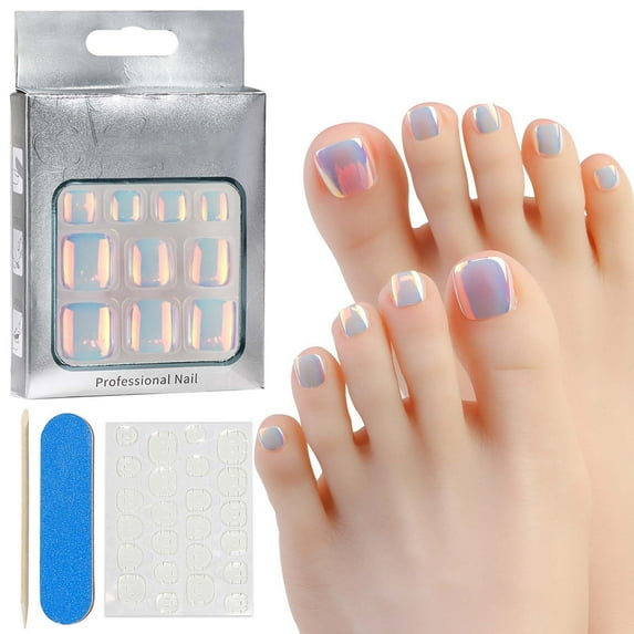 24PCS Chrome Press on Toenails for Women,Cat Eye Fake Toe Stick on Toe Nail with Sticky Tabs,12 Size Acrylic Short Square Toes Nail Kit Full Cover Glossy Shiny Colorful Fashion Foot Nails Gift