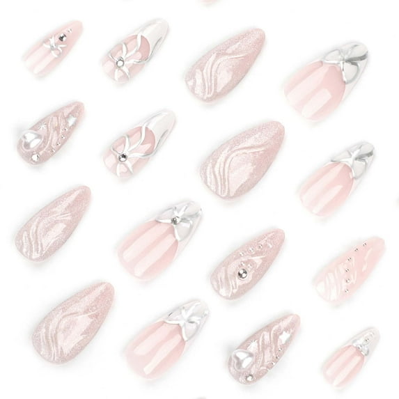 24Pcs Artificial Press On Nails for Women Girls,Medium Almond Glue on Nails with Silver 3D Ripple Design,Reusable French Acrylic Full Cover Fake Nails for Beach Manicure Presents Daily Wear