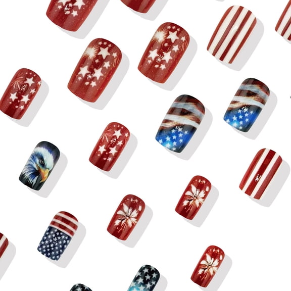 24Pcs Independence Day Press on Nails,Medium Square 4th of July Stripes Fake Nails Gradient Stars Design,Acrylic False Nail Full Cover Stick on Nails for Women Manicure Decoration Memorial Day