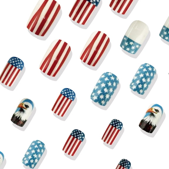 24Pcs Independence Day Press on Nails,Medium Square 4th of July Stripes Fake Nails Gradient Stars Design,Acrylic False Nail Full Cover Stick on Nails for Women Manicure Decoration Memorial Day