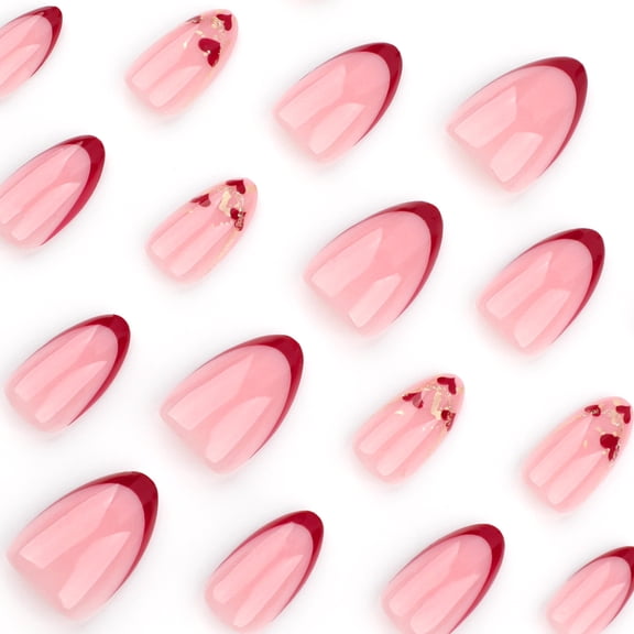 24pcs Valentine's Day Press on Nails for Women Girls,Short Almond Fake Nails with Red Heart,False Nails Full Cover Acrylic Glue on Nails for Holiday,Glossy Artificial Finished Wearable Nails